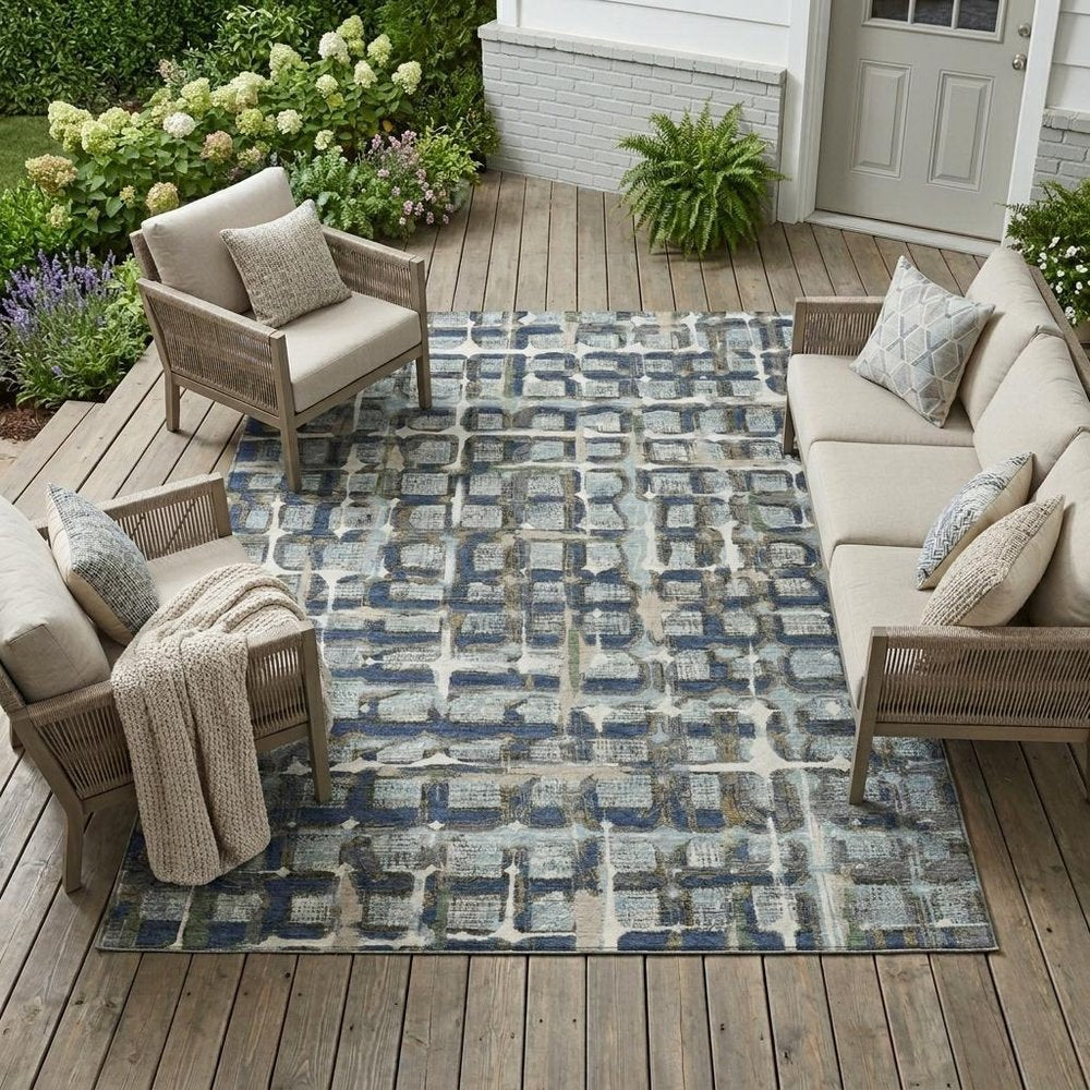 10' X 14' Blue And Gray Geometric Washable Indoor Outdoor Area Rug HomeRoots