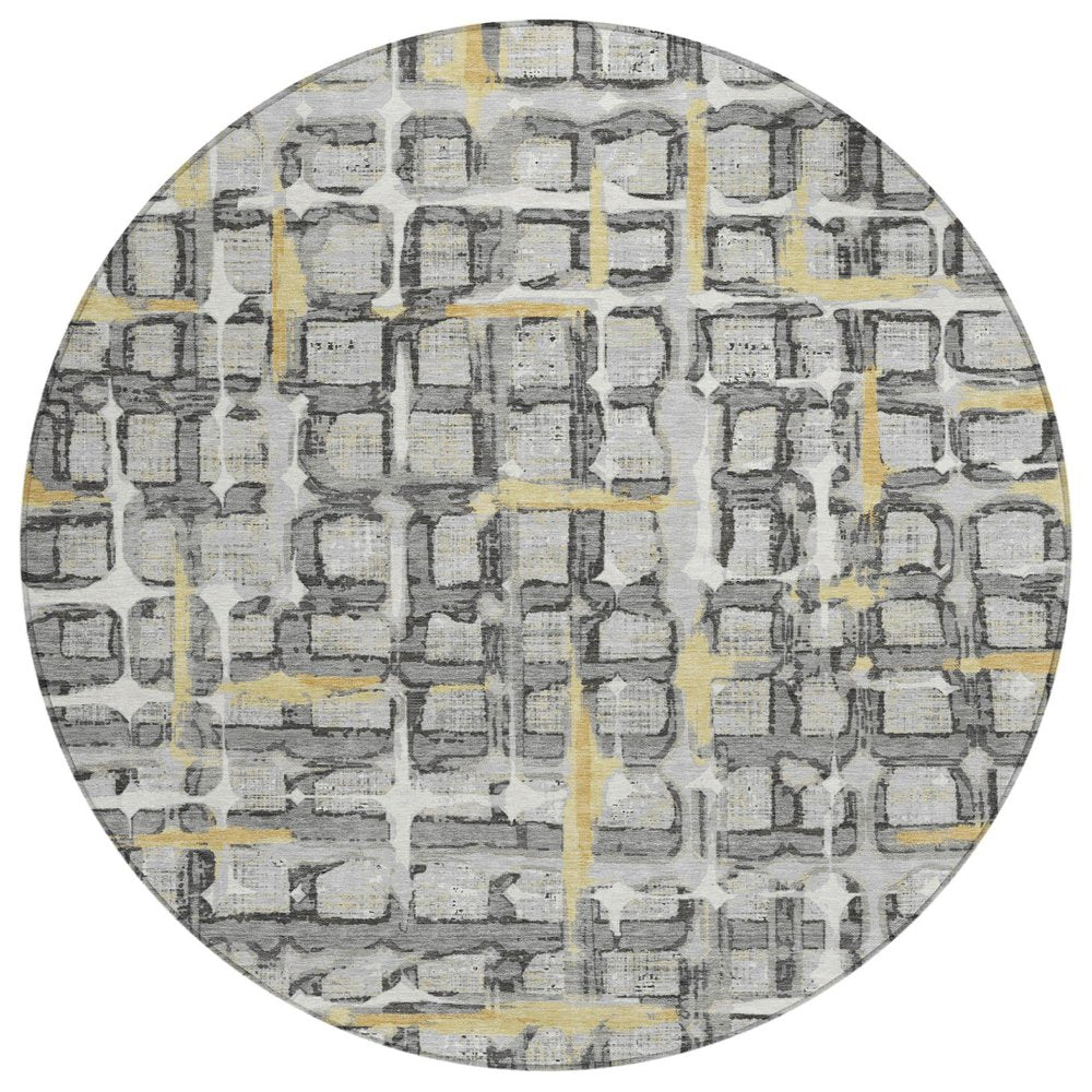 8' Silver And Gray Round Geometric Washable Indoor Outdoor Area Rug HomeRoots