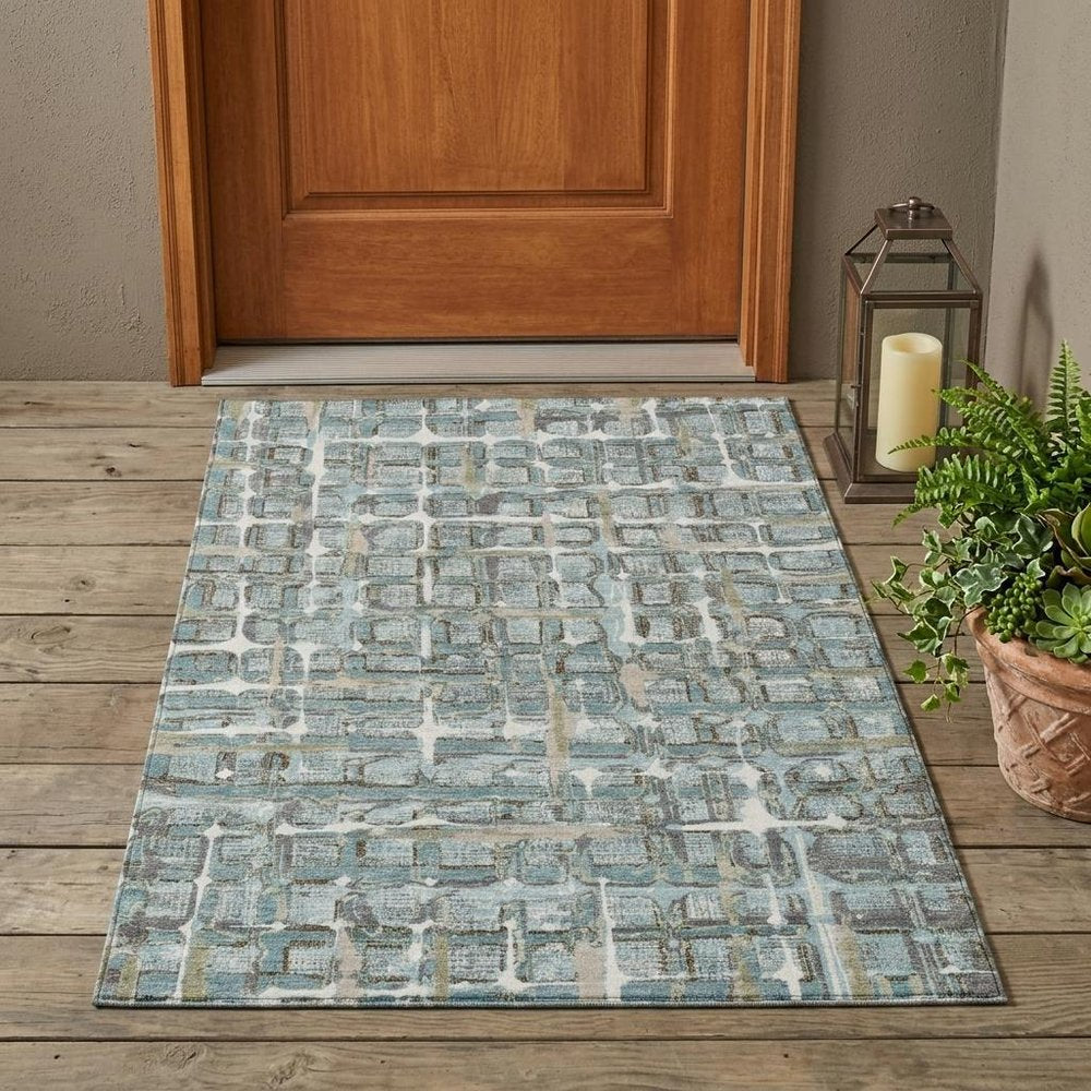 3' X 5' Teal Blue And Pewter Geometric Washable Indoor Outdoor Area Rug HomeRoots