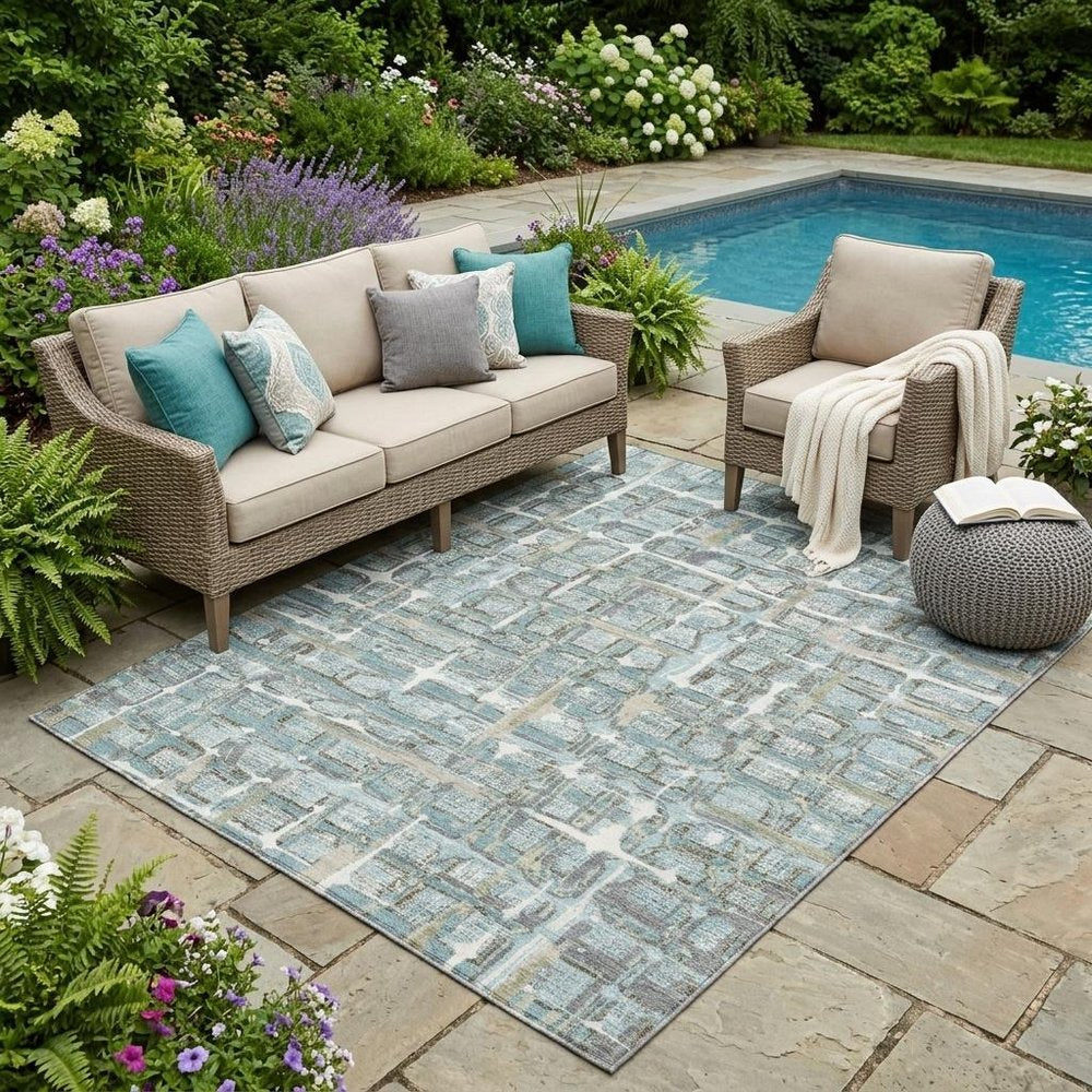 5' X 8' Teal Blue And Pewter Geometric Washable Indoor Outdoor Area Rug HomeRoots