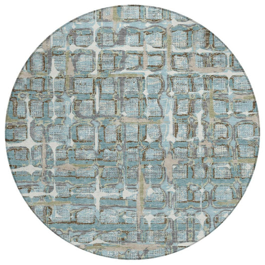 8' Teal Blue And Pewter Round Geometric Washable Indoor Outdoor Area Rug HomeRoots