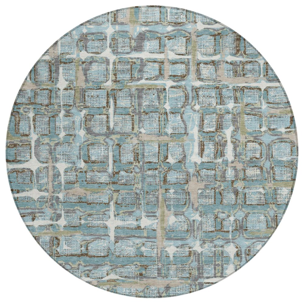 8' Teal Blue And Pewter Round Geometric Washable Indoor Outdoor Area Rug HomeRoots