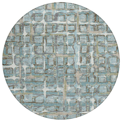 8' Teal Blue And Pewter Round Geometric Washable Indoor Outdoor Area Rug HomeRoots
