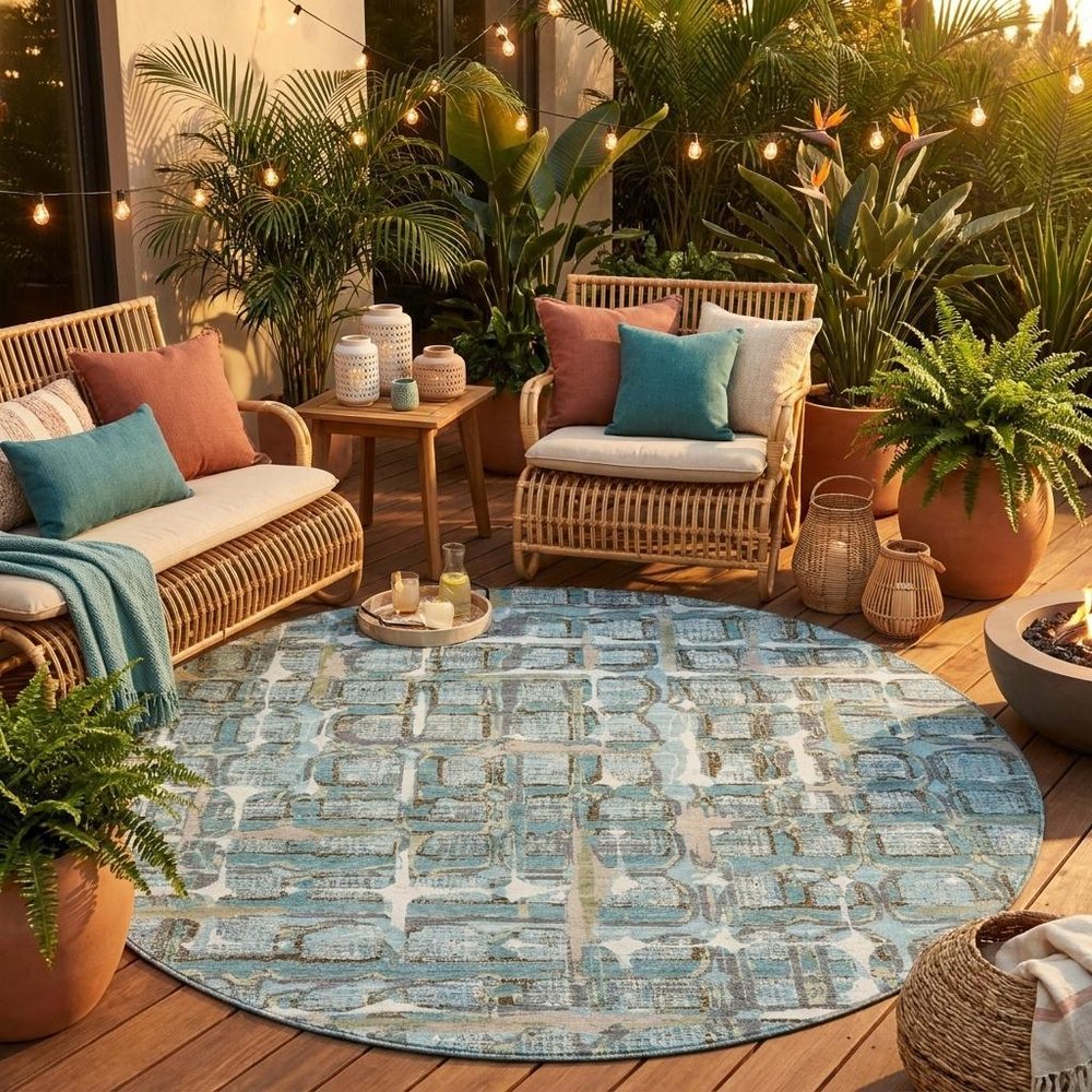 8' Teal Blue And Pewter Round Geometric Washable Indoor Outdoor Area Rug HomeRoots