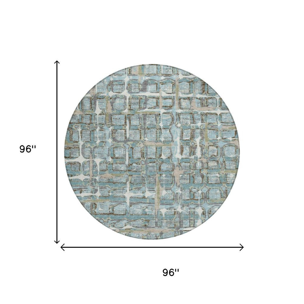 8' Teal Blue And Pewter Round Geometric Washable Indoor Outdoor Area Rug HomeRoots