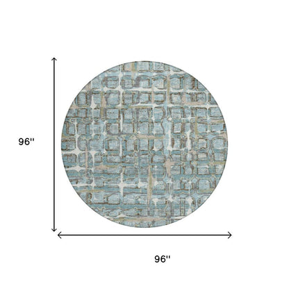 8' Teal Blue And Pewter Round Geometric Washable Indoor Outdoor Area Rug HomeRoots