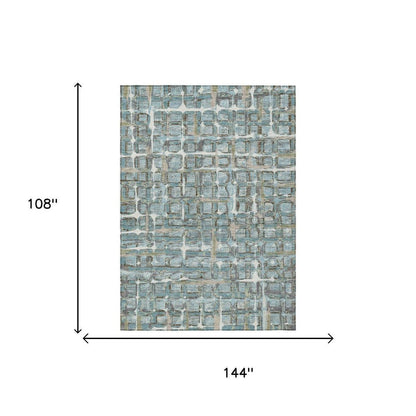 9' X 12' Teal Blue And Pewter Geometric Washable Indoor Outdoor Area Rug HomeRoots