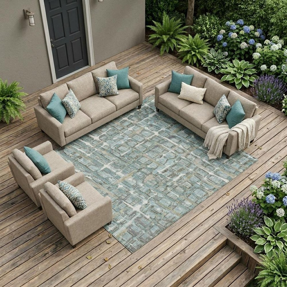 9' X 12' Teal Blue And Pewter Geometric Washable Indoor Outdoor Area Rug HomeRoots