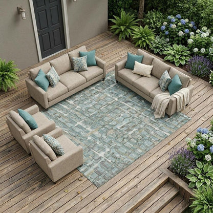 9' X 12' Teal Blue And Pewter Geometric Washable Indoor Outdoor Area Rug HomeRoots