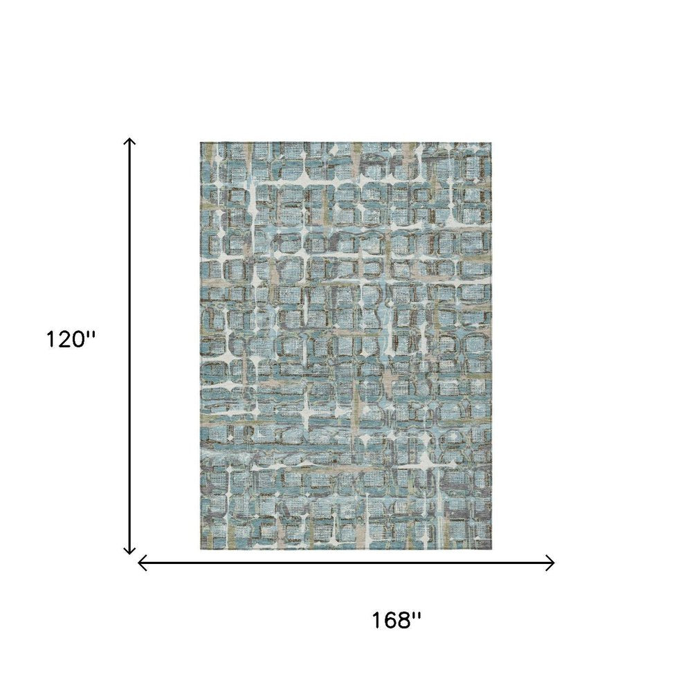 10' X 14' Teal Blue And Pewter Geometric Washable Indoor Outdoor Area Rug HomeRoots