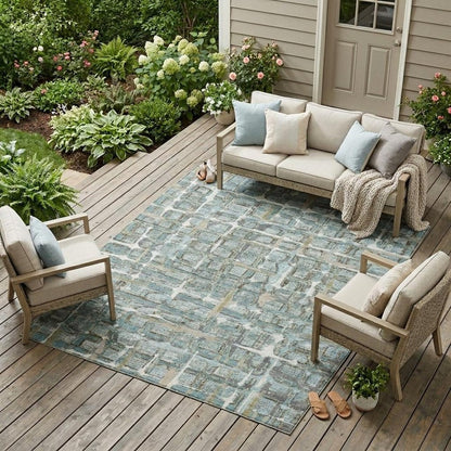 10' X 14' Teal Blue And Pewter Geometric Washable Indoor Outdoor Area Rug HomeRoots