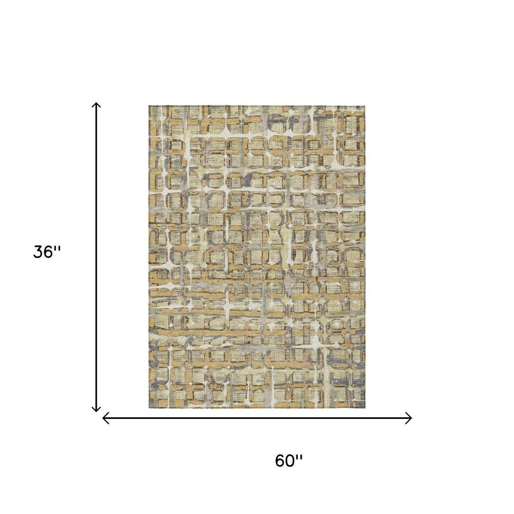 3' X 5' Wheat And Gold Geometric Washable Indoor Outdoor Area Rug HomeRoots