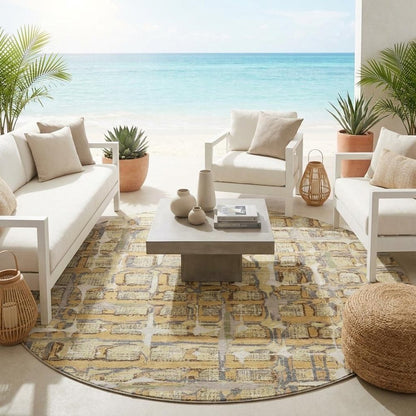 8' Wheat And Gold Round Geometric Washable Indoor Outdoor Area Rug HomeRoots