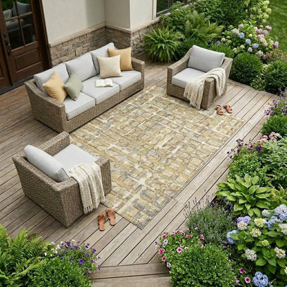 8' X 10' Wheat And Gold Geometric Washable Indoor Outdoor Area Rug HomeRoots