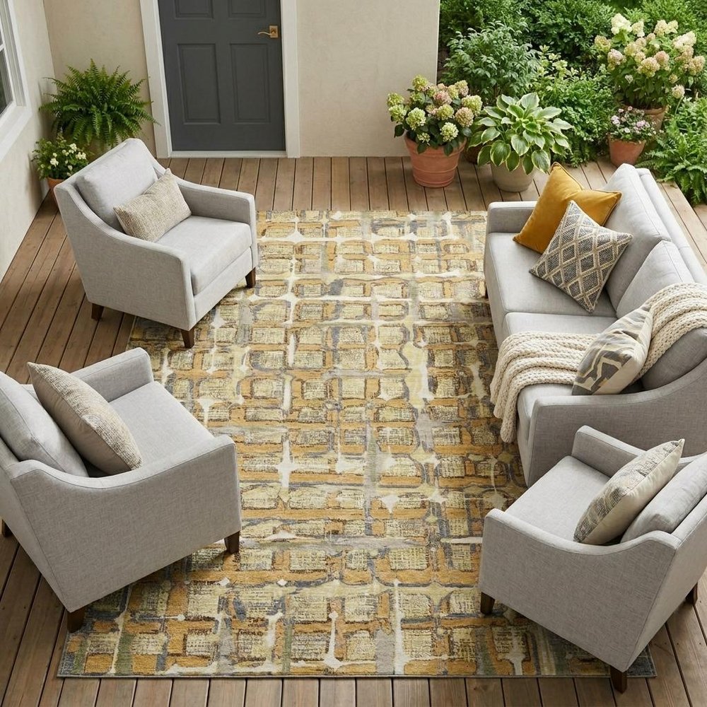 9' X 12' Wheat And Gold Geometric Washable Indoor Outdoor Area Rug HomeRoots