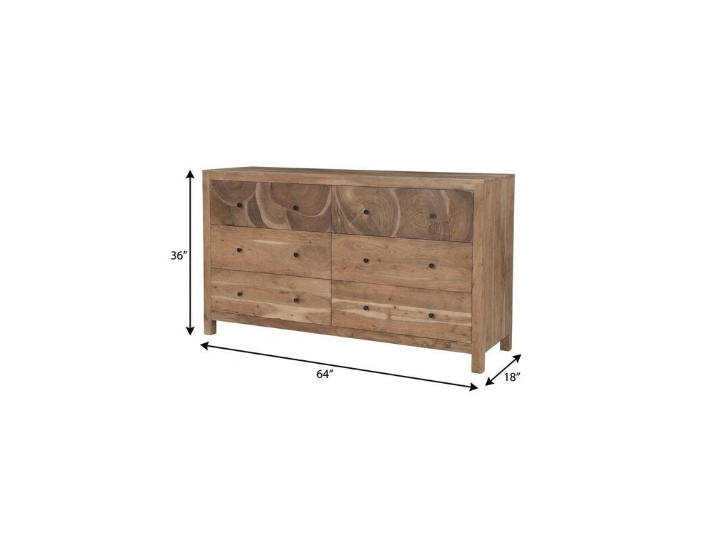 64" Brown Live Edge Solid Wood Six Drawer Double Dresser — view 8