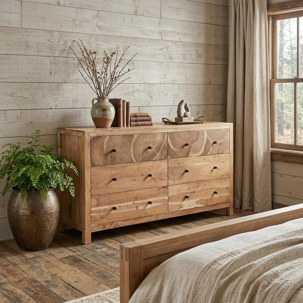 64" Brown Live Edge Solid Wood Six Drawer Double Dresser HomeRoots