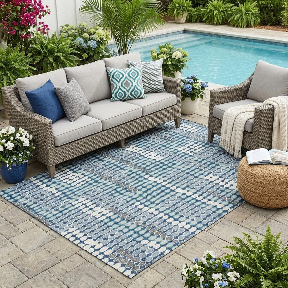 5' X 8' Navy Blue And Blue Geometric Washable Indoor Outdoor Area Rug HomeRoots