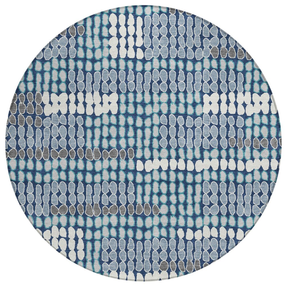 8' Navy Blue And Blue Round Geometric Washable Indoor Outdoor Area Rug HomeRoots