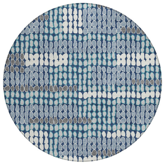 8' Navy Blue And Blue Round Geometric Washable Indoor Outdoor Area Rug