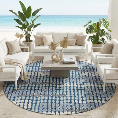 8' Navy Blue And Blue Round Geometric Washable Indoor Outdoor Area Rug HomeRoots
