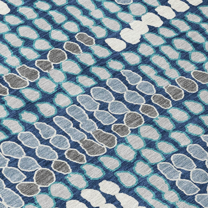 8' Navy Blue And Blue Round Geometric Washable Indoor Outdoor Area Rug HomeRoots