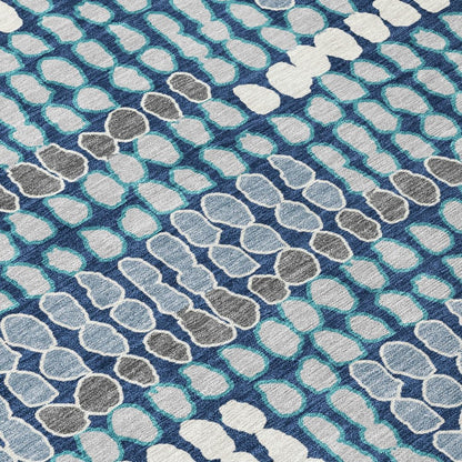 8' Navy Blue And Blue Round Geometric Washable Indoor Outdoor Area Rug HomeRoots