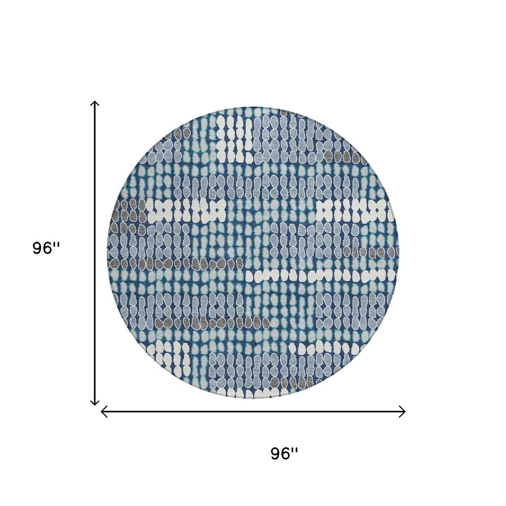 8' Navy Blue And Blue Round Geometric Washable Indoor Outdoor Area Rug HomeRoots