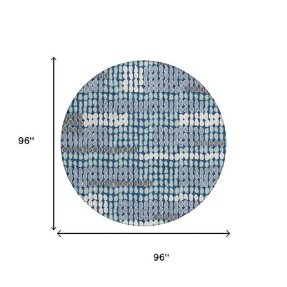 8' Navy Blue And Blue Round Geometric Washable Indoor Outdoor Area Rug HomeRoots
