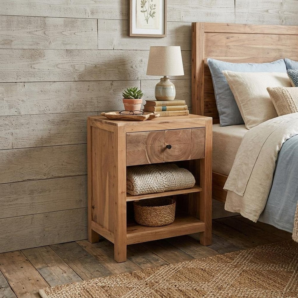 30" Natural Solid Wood Square Live Edge One Drawer Nightstand — view 1