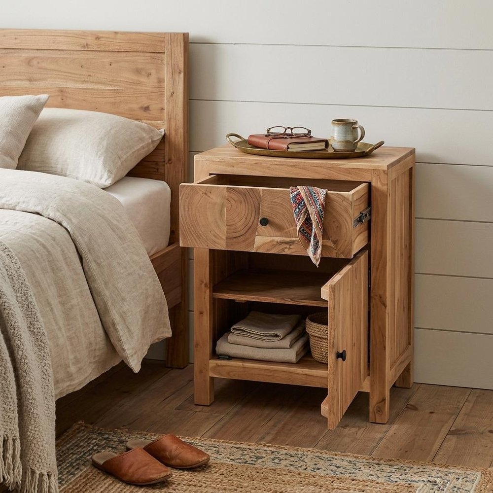 30" Natural Solid Wood Square One Drawer Nightstand — view 1