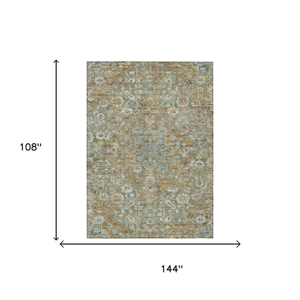 9' X 12' Green And Brown Floral Medallion Washable Indoor Outdoor Area Rug HomeRoots