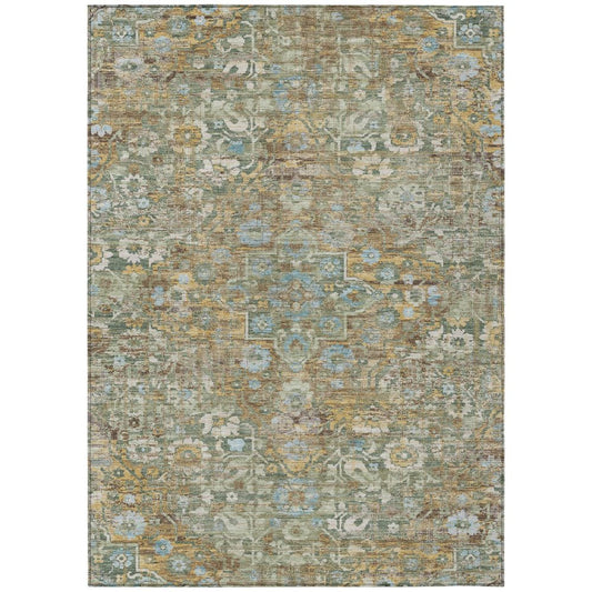 9' X 12' Green And Brown Floral Medallion Washable Indoor Outdoor Area Rug