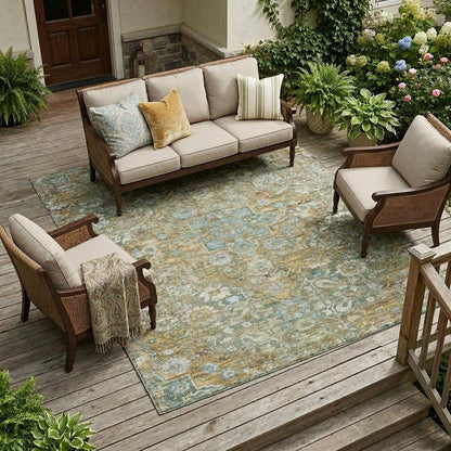 9' X 12' Green And Brown Floral Medallion Washable Indoor Outdoor Area Rug HomeRoots