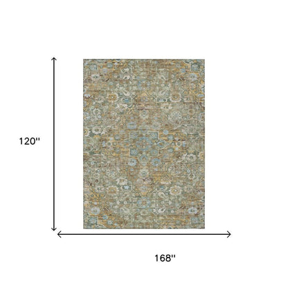 10' X 14' Green And Brown Floral Medallion Washable Indoor Outdoor Area Rug