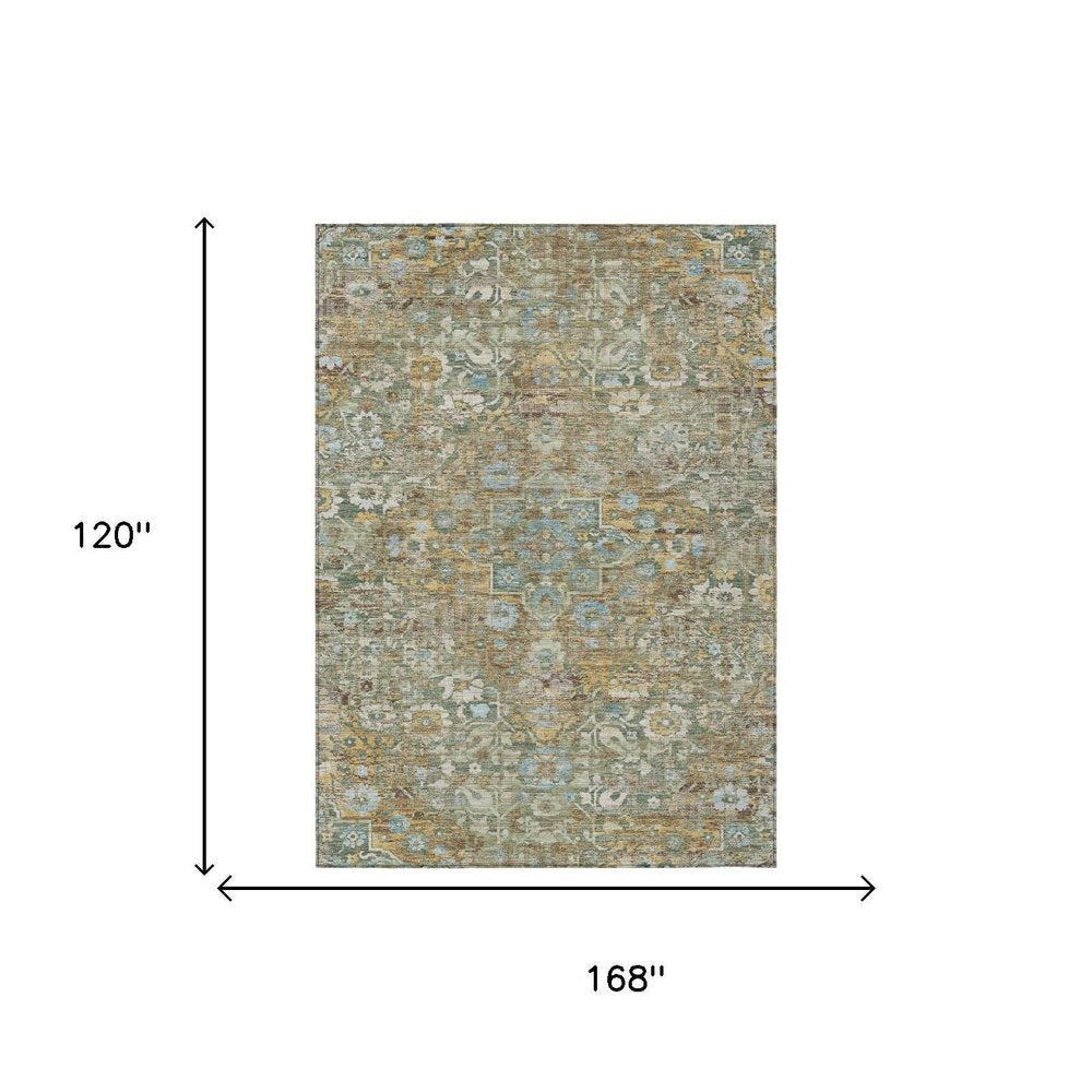 10' X 14' Green And Brown Floral Medallion Washable Indoor Outdoor Area Rug HomeRoots