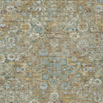 10' X 14' Green And Brown Floral Medallion Washable Indoor Outdoor Area Rug