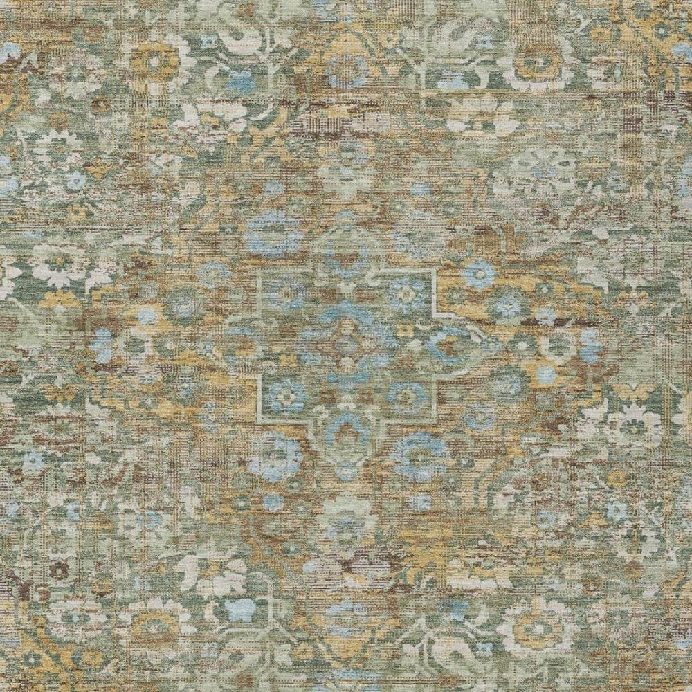 10' X 14' Green And Brown Floral Medallion Washable Indoor Outdoor Area Rug — view 8