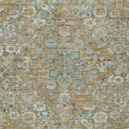 10' X 14' Green And Brown Floral Medallion Washable Indoor Outdoor Area Rug