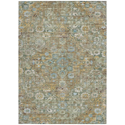 10' X 14' Green And Brown Floral Medallion Washable Indoor Outdoor Area Rug