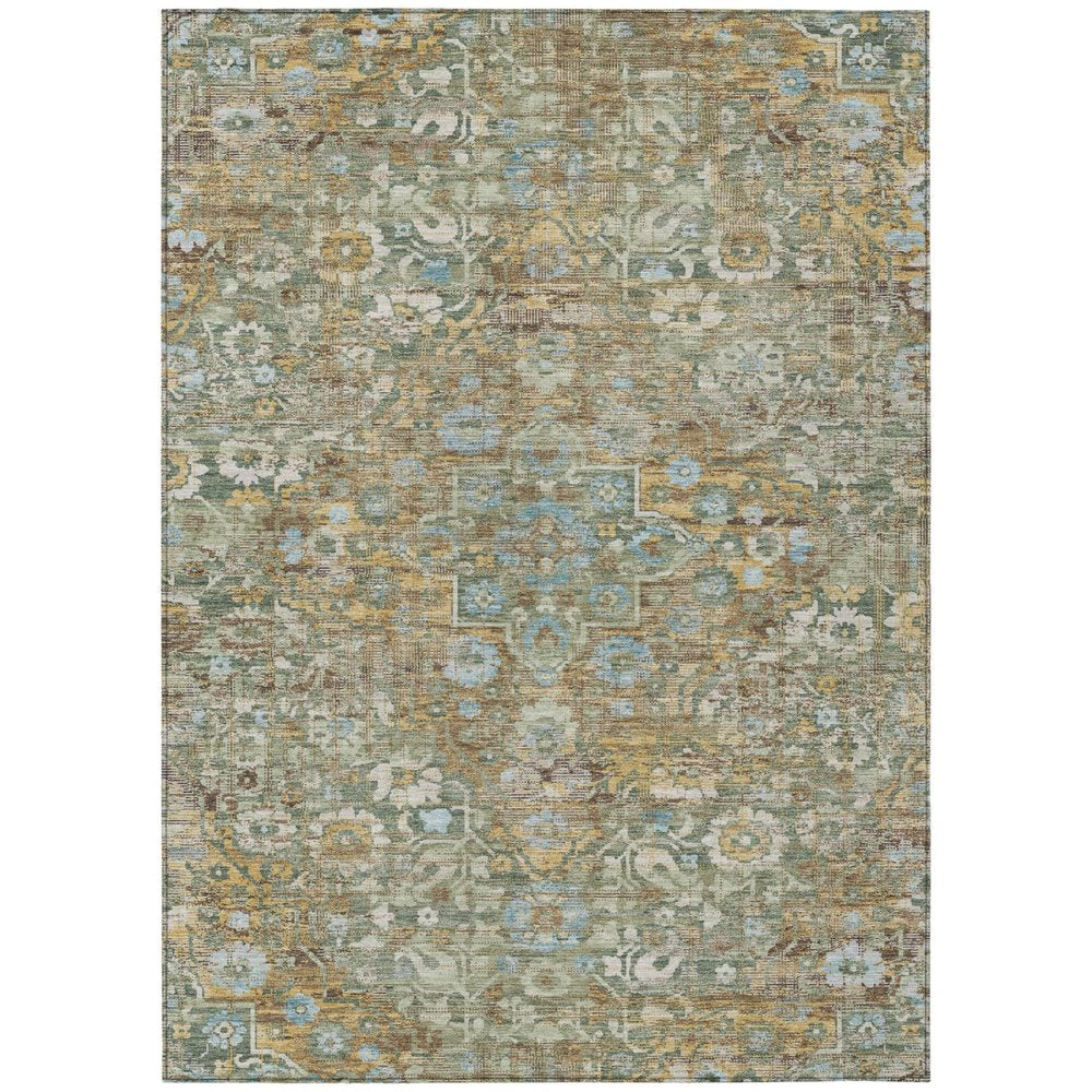 10' X 14' Green And Brown Floral Medallion Washable Indoor Outdoor Area Rug — view 1