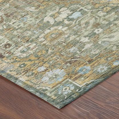 10' X 14' Green And Brown Floral Medallion Washable Indoor Outdoor Area Rug