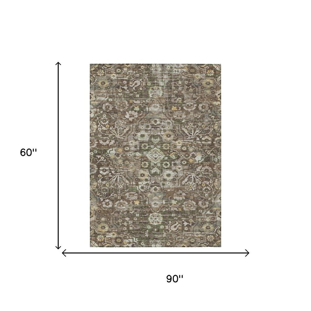 5' X 8' Chocolate And Brown Floral Medallion Washable Indoor Outdoor Area Rug — view 4