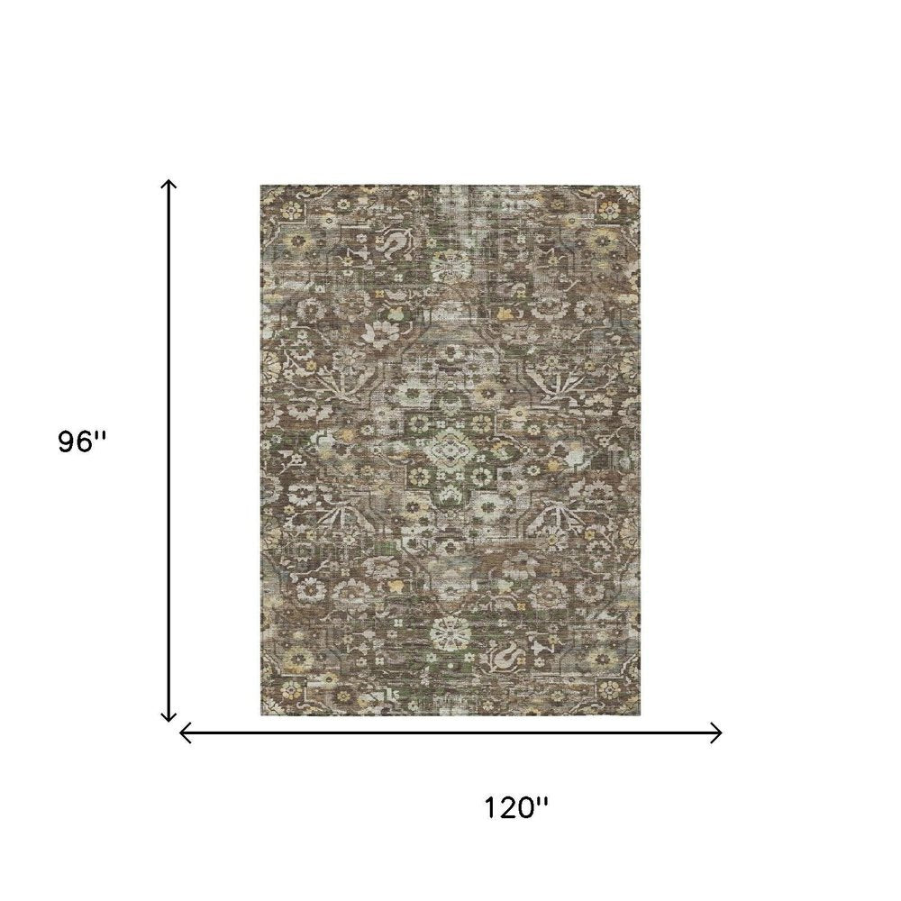 8' X 10' Chocolate And Brown Floral Medallion Washable Indoor Outdoor Area Rug — view 4