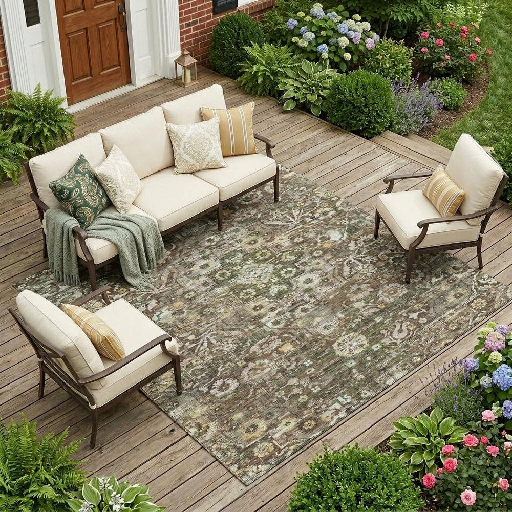 8' X 10' Chocolate And Brown Floral Medallion Washable Indoor Outdoor Area Rug — view 5