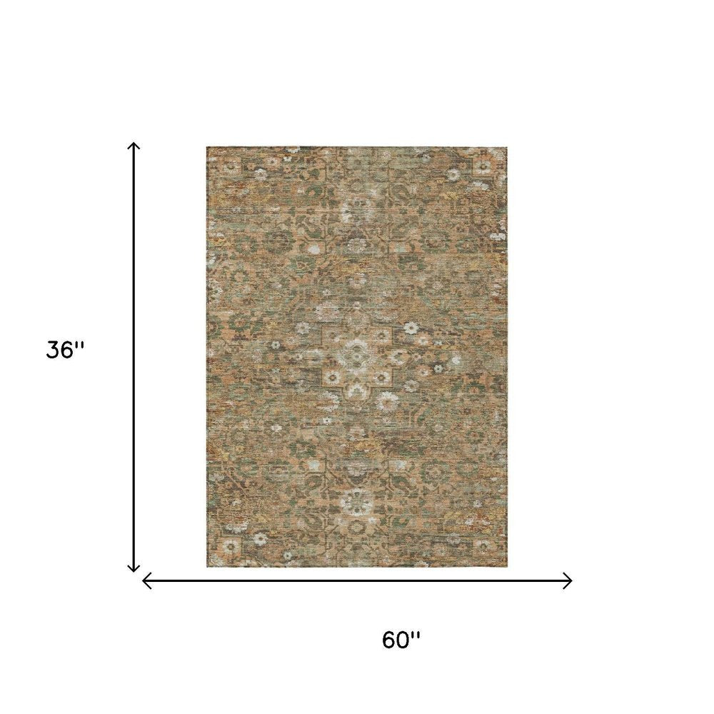 3' X 5' Copper And Orange Floral Medallion Washable Indoor Outdoor Area Rug — view 4