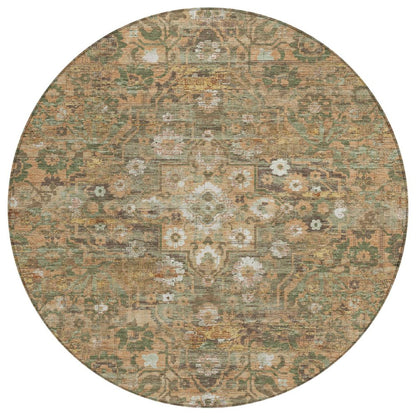 8' Copper And Orange Round Floral Medallion Washable Indoor Outdoor Area Rug HomeRoots