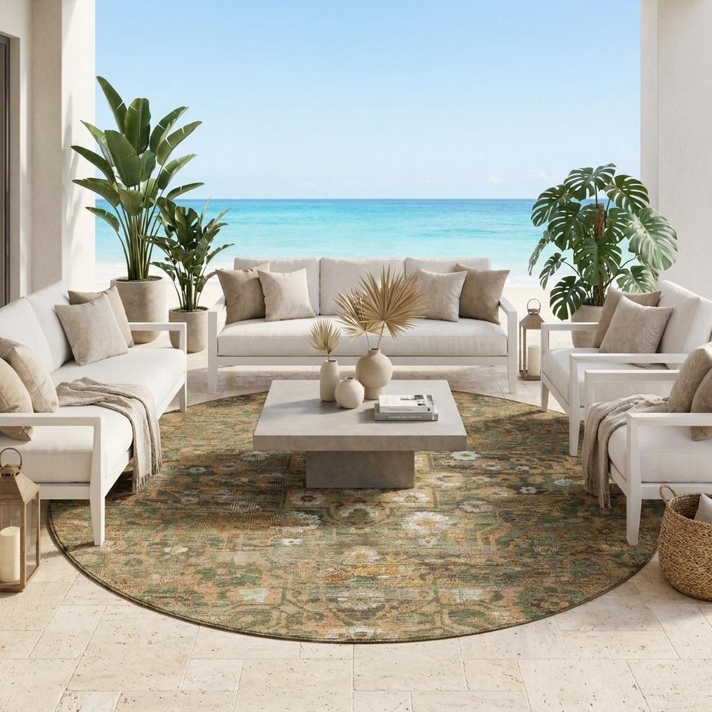 8' Copper And Orange Round Floral Medallion Washable Indoor Outdoor Area Rug — view 5