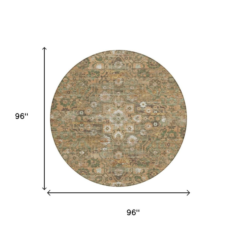8' Copper And Orange Round Floral Medallion Washable Indoor Outdoor Area Rug — view 4
