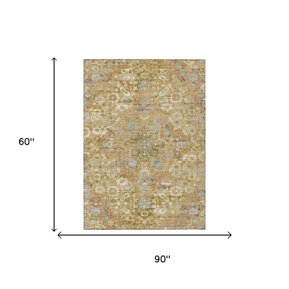 5' X 8' Gold And Copper Floral Medallion Washable Indoor Outdoor Area Rug — view 4